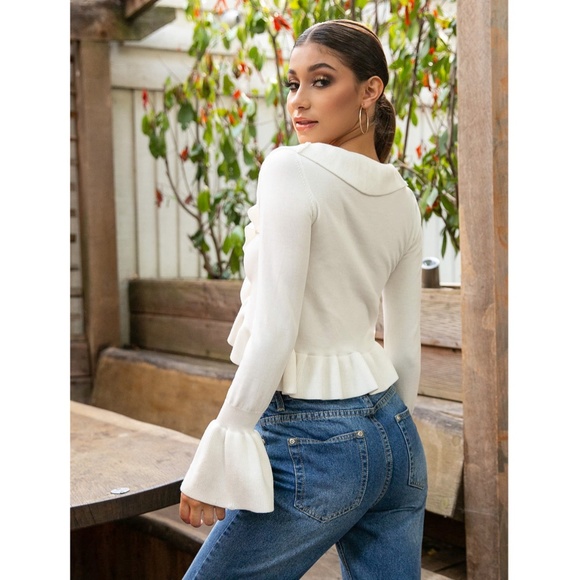 White Front Tie Ruffle Trim Crop Top - Picture 6 of 8